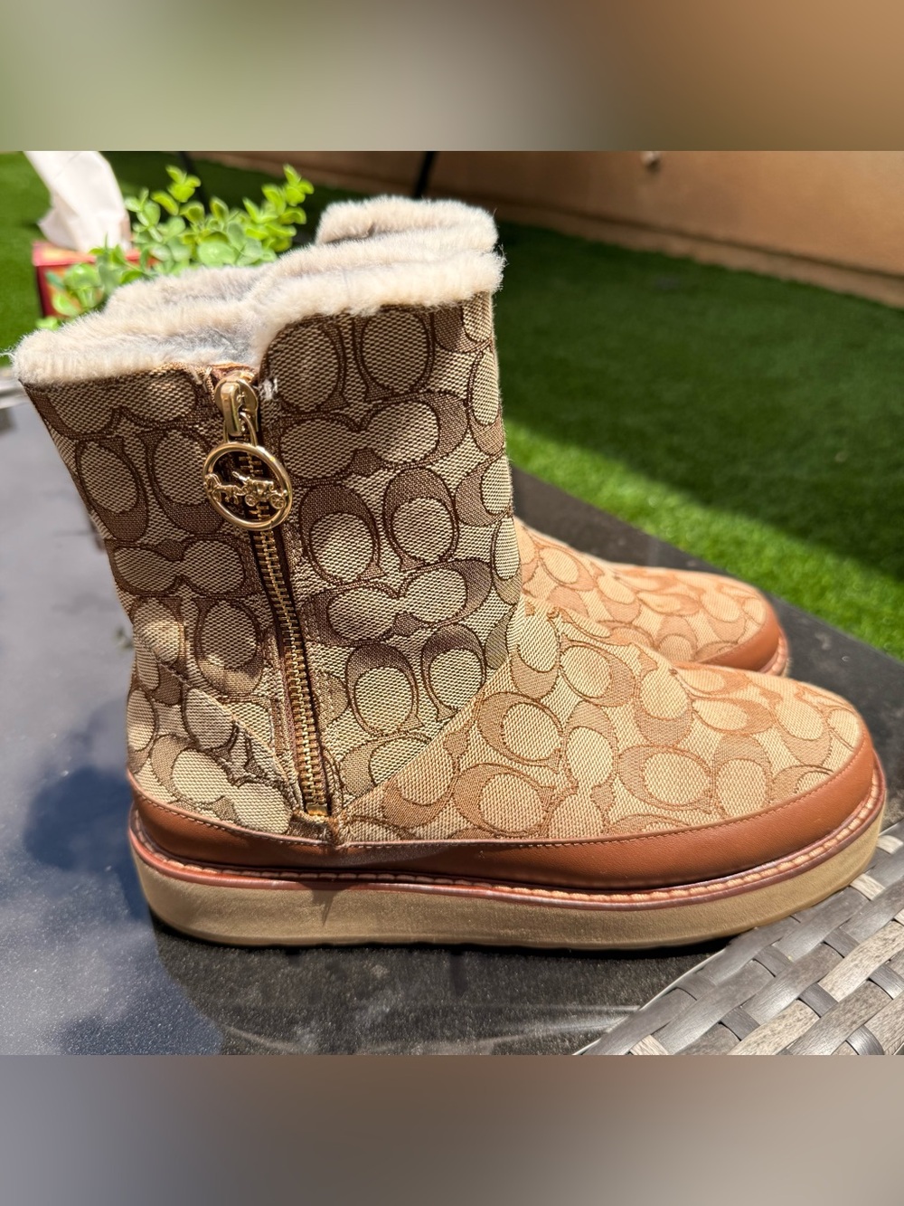 Coach Beige Signature Logo Shearling Mid Boots - Picture 2 of 3